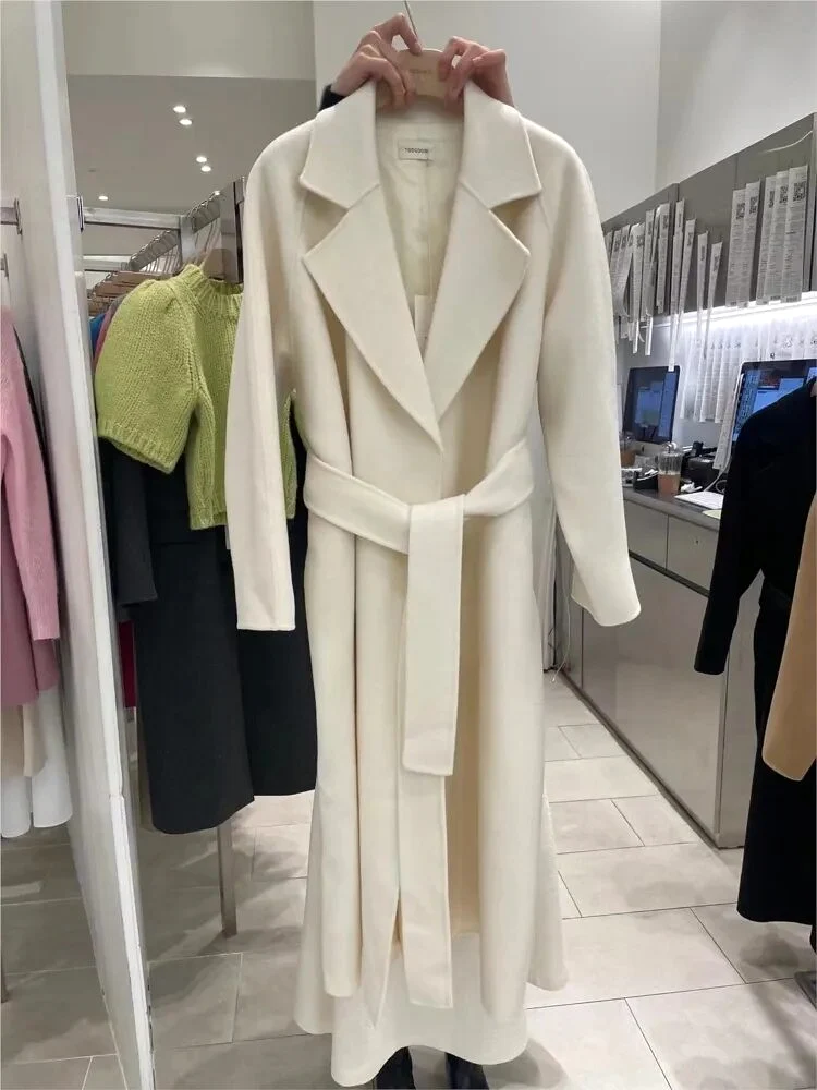 Women Elegant Long Woolen Coat with Belt Autumn Winter Fashion