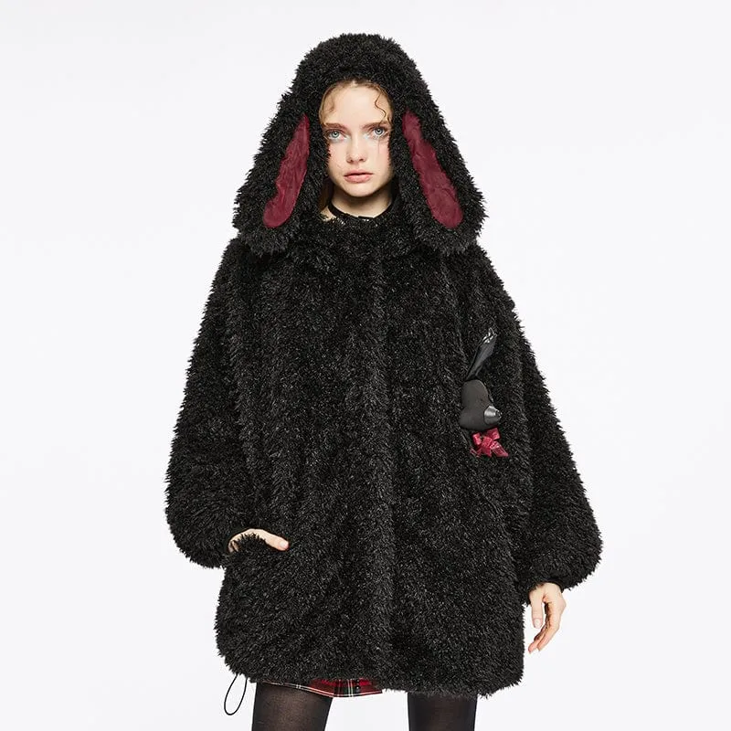 Women's Grunge Drawstring Woolen Coat with Rabbit Hood