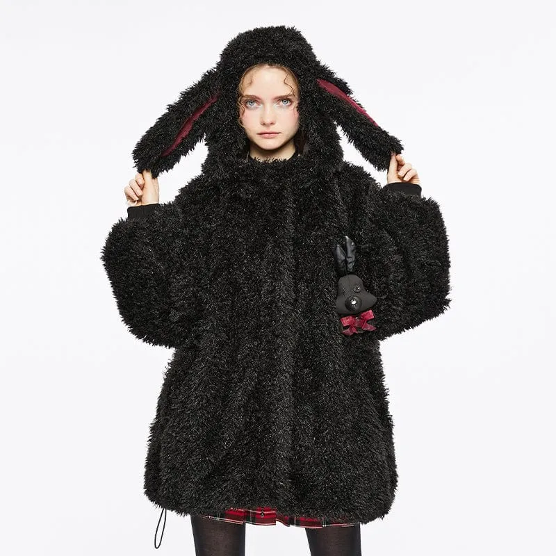 Women's Grunge Drawstring Woolen Coat with Rabbit Hood