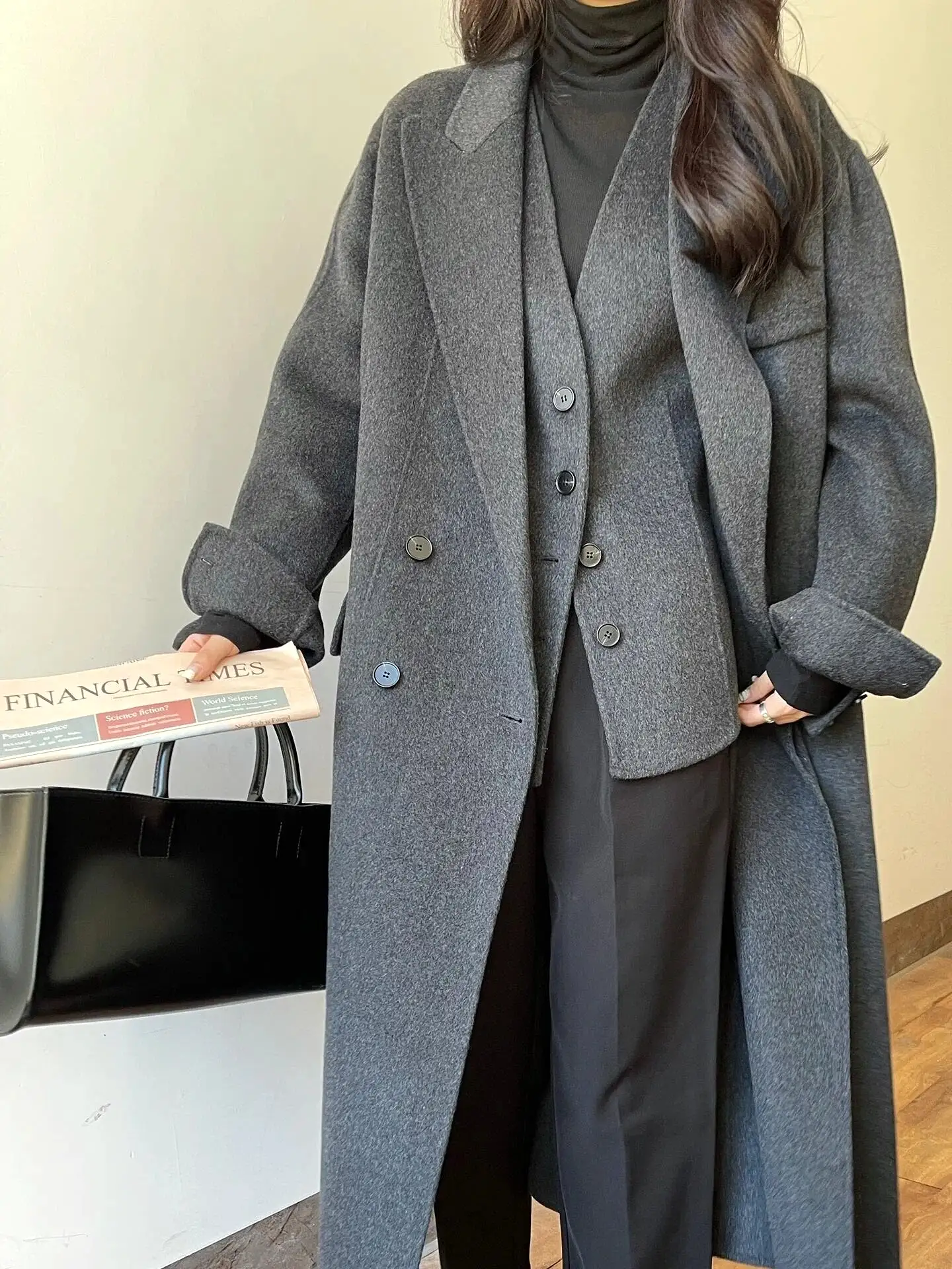 Womens Luxury Woolen Coat Double-sided Cashmere Coats Two Pieces Matching Sets