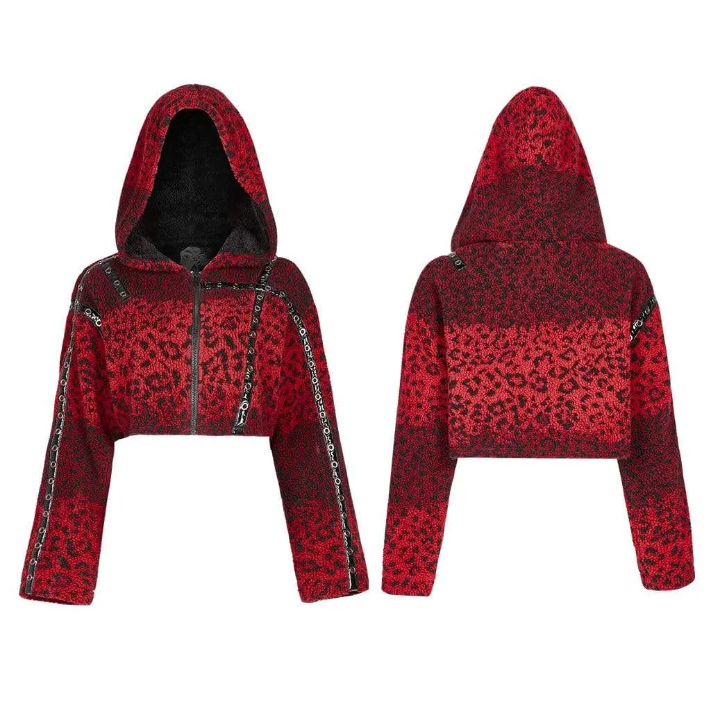 Women's Punk Front Zip Hooded Woolen Short Coat