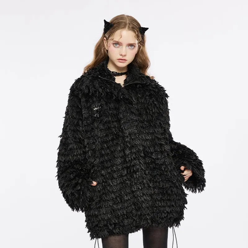 Women's Punk Stand Collar Drawstring Woolen Coat