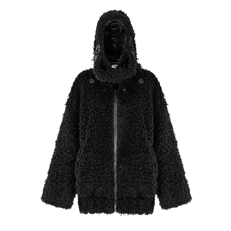 Women's Punk Stand Collar Woolen Coat with Hood