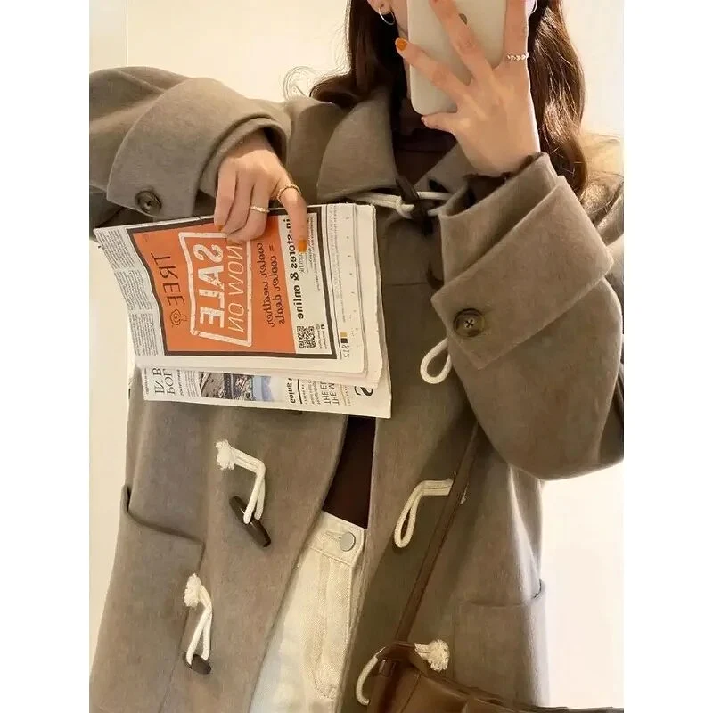 Woolen Coat Women Loose Fashion Cow Horn Button Mid Length Thickened Y2K Women Coat Autumn and Winter