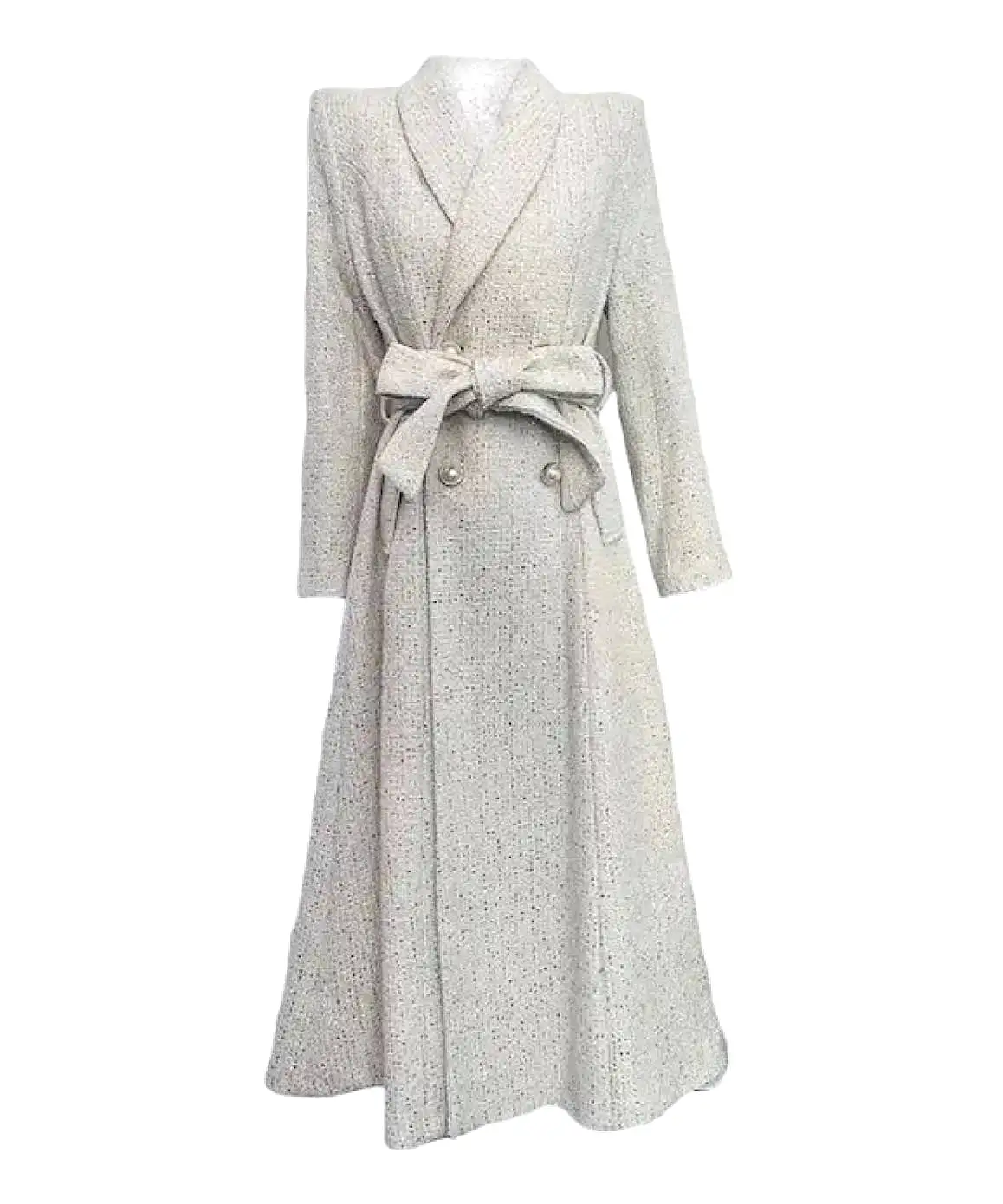 Woolen Tweed Sequin Long Lapel Midi Coat